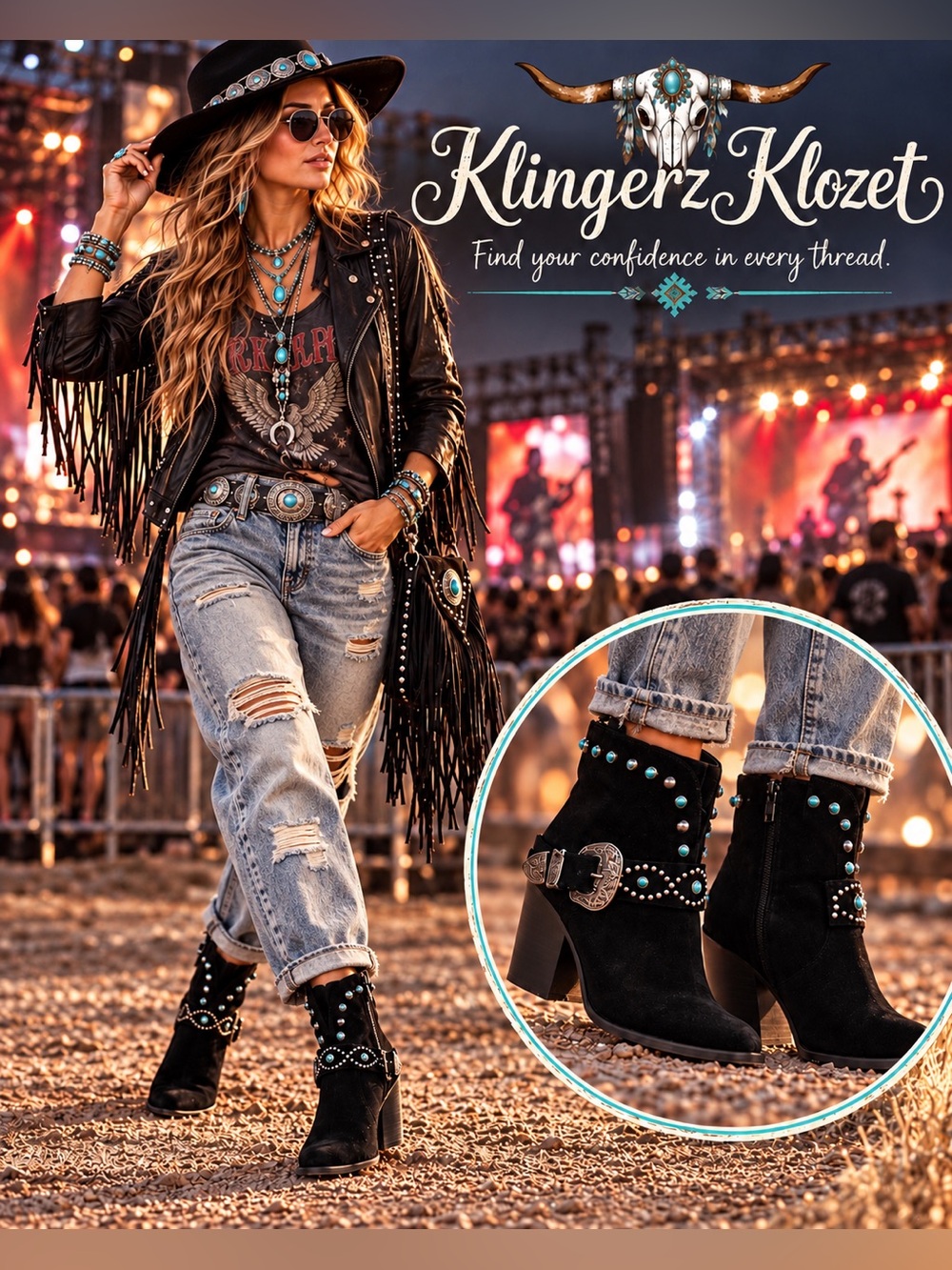 Jessica Simpson Black Suede Studded Ankle Boot with Turquoise Accents